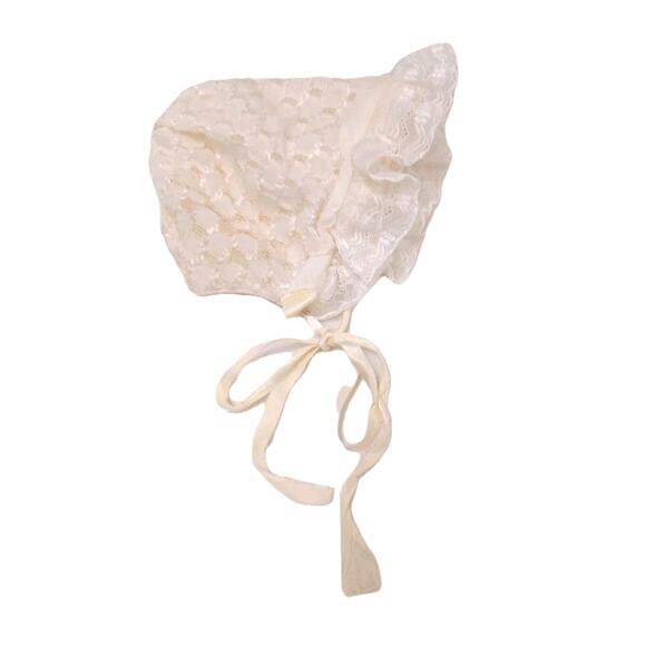 Antique Baby Bonnet Size Small Ivory Ruffled Lace Light Yellow Infant 0-2 Months - Picture 3 of 16
